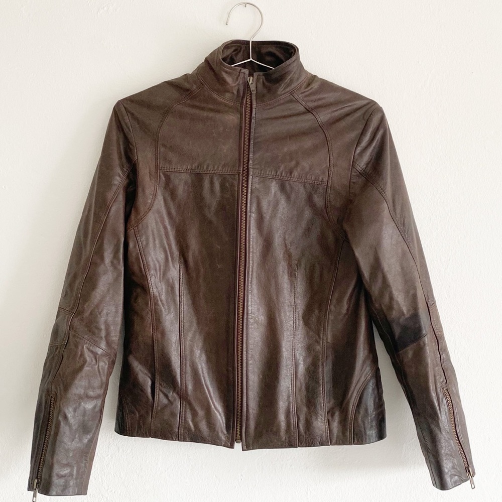 Brown Leather Long Sleeve Cold Winter Jacket